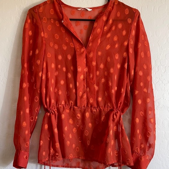 H&M Tops - H&M woman’s medium red long sleeve blouse with tie cinched waist & polka dots